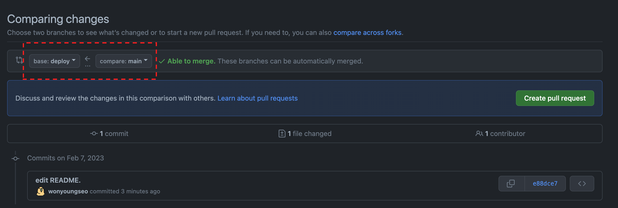 main 브랜치에서 deploy 브랜치로 merge하는 PR 작성